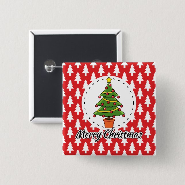 Christmas Tree on Red Pines Pattern - Merry Xmas Button (Front & Back)