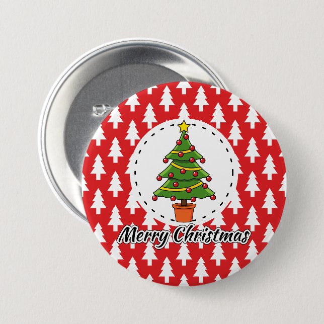 Christmas Tree on Red Pines Pattern - Merry Xmas Button (Front & Back)