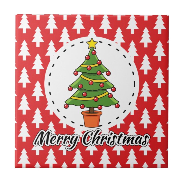 Christmas Tree on Red Pines Pattern - Merry Xmas Ceramic Tile (Front)