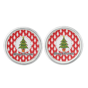 Christmas Tree on Red Pines Pattern - Merry Xmas Cufflinks