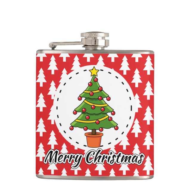 Christmas Tree on Red Pines Pattern - Merry Xmas Flask (Front)