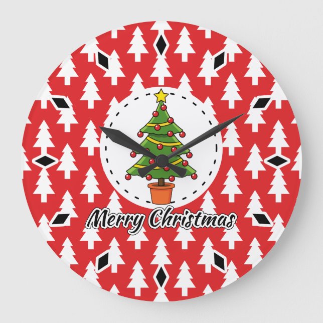Christmas Tree on Red Pines Pattern - Merry Xmas Large Clock (Front)