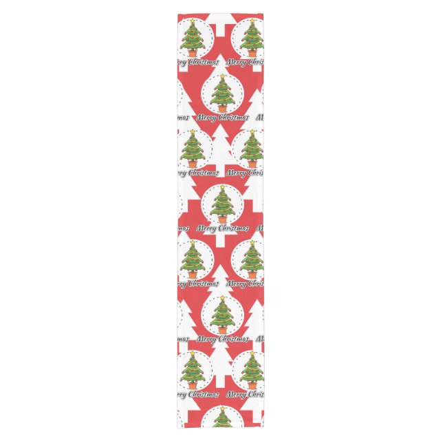 Christmas Tree on Red Pines Pattern - Merry Xmas Short Table Runner (Front)