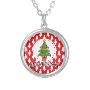 Christmas Tree on Red Pines Pattern - Merry Xmas Silver Plated Necklace