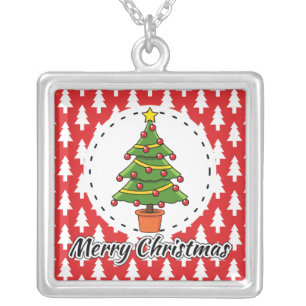 Christmas Tree on Red Pines Pattern - Merry Xmas Silver Plated Necklace