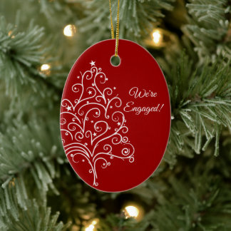 Christmas Tree on Red Winter Engagement Ceramic Ornament