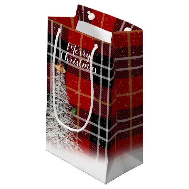 Christmas tree on Scottish tartan plaid Small Gift Bag (Front Angled)