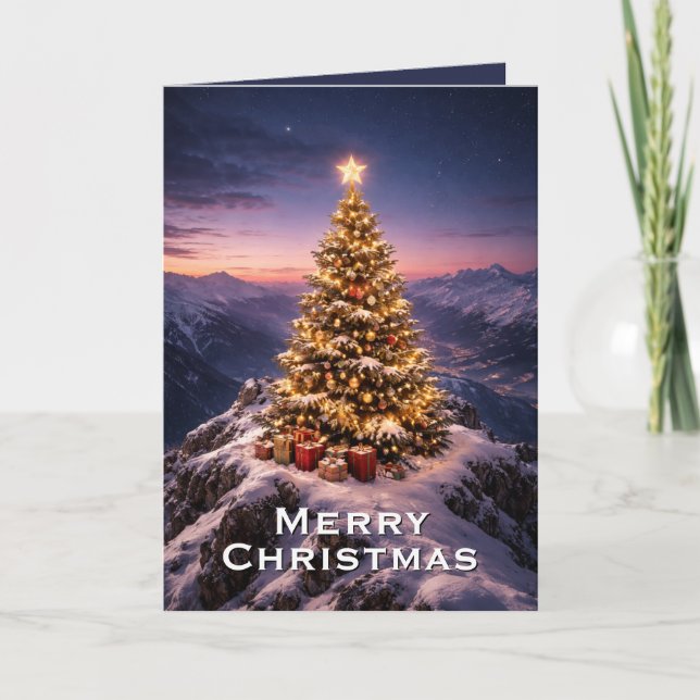 Christmas tree on top of a mountain custom holiday card (Front)