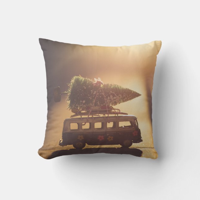 Christmas Tree on top Van, Bottle Brush Trees Throw Pillow (Front)