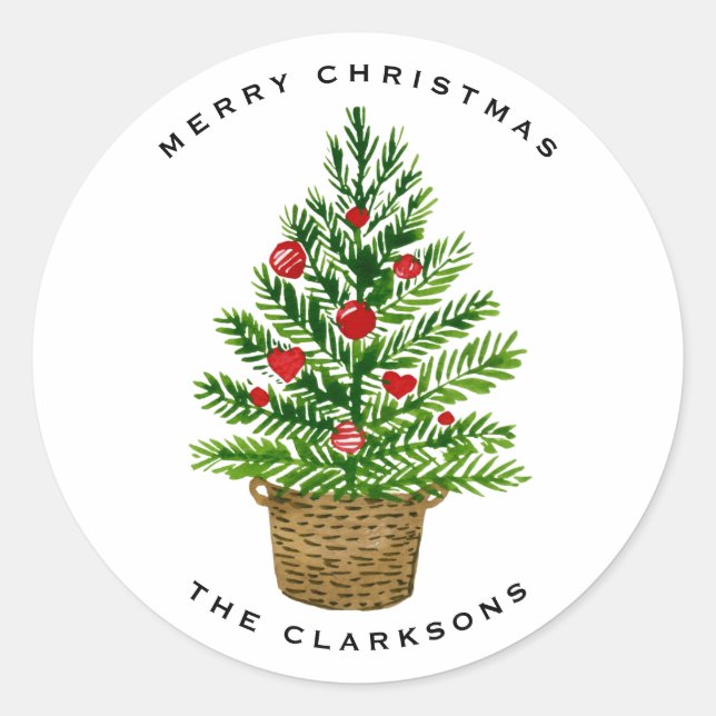 Christmas Tree on Wicker Basket Happy Holidays Classic Round Sticker (Front)
