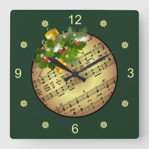 Christmas Tree Ornament ~ Bell & Mistletoe ~  Square Wall Clock