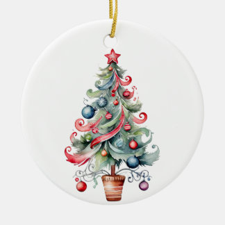 Christmas tree ornament, red tree ceramic ornament