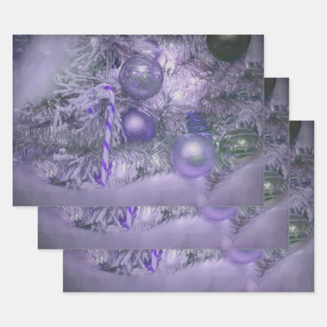 Christmas Tree Ornaments Elegant Purple Holiday Wrapping Paper Sheets (Set)