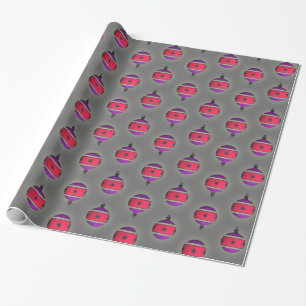 Christmas Tree Ornaments Pink Purple on Silver Wrapping Paper
