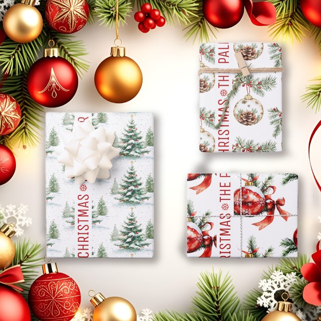 Christmas tree, ornaments, wishes and name holiday wrapping paper sheets (Creator Uploaded)