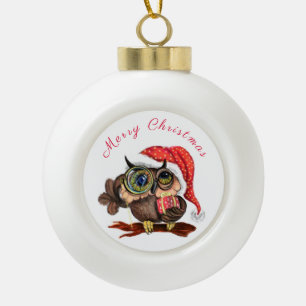 Christmas Tree Otnament Baby Owl In Hat and Gift Ceramic Ball Christmas Ornament