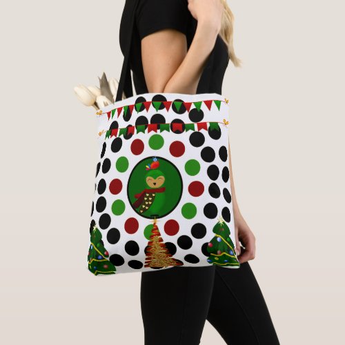 Christmas Tree Owl Funky Polka Dots Tote Bag