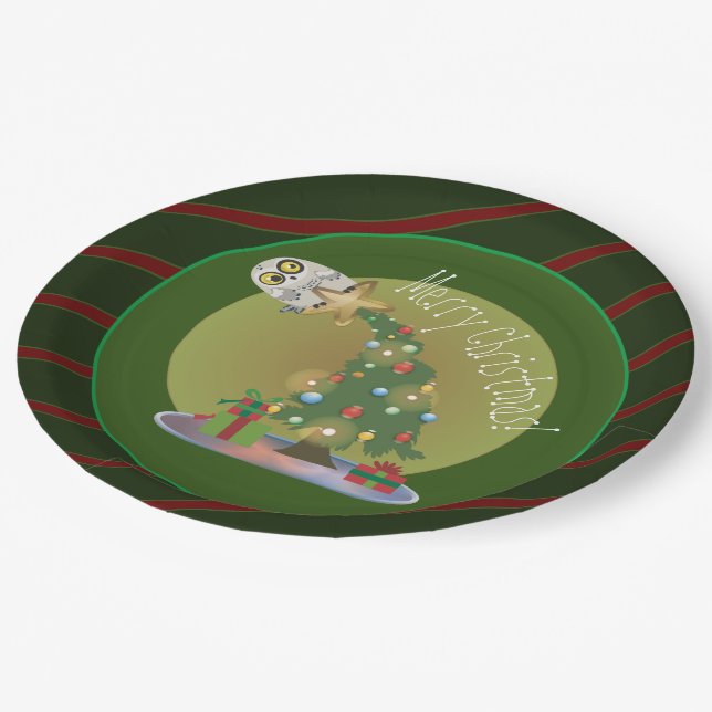 Christmas Tree Owl Holiday  Paper Plates (Angled)