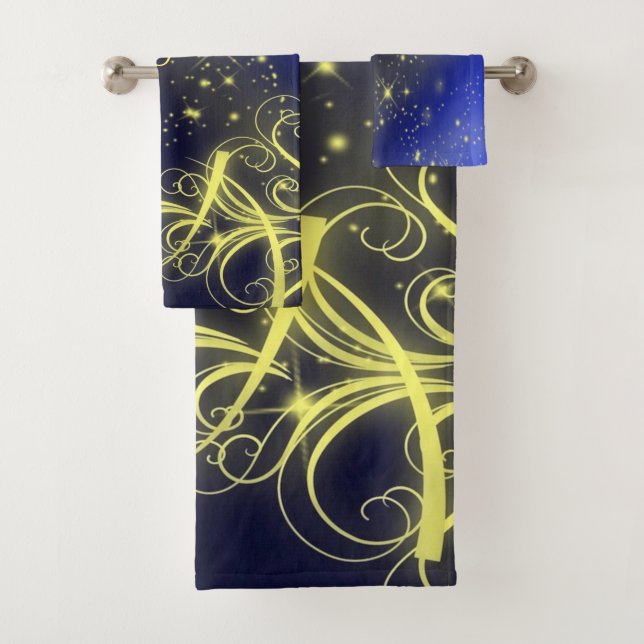 Christmas Tree Party Gold Stars Navy Blue Holidays Bath Towel Set (Insitu)