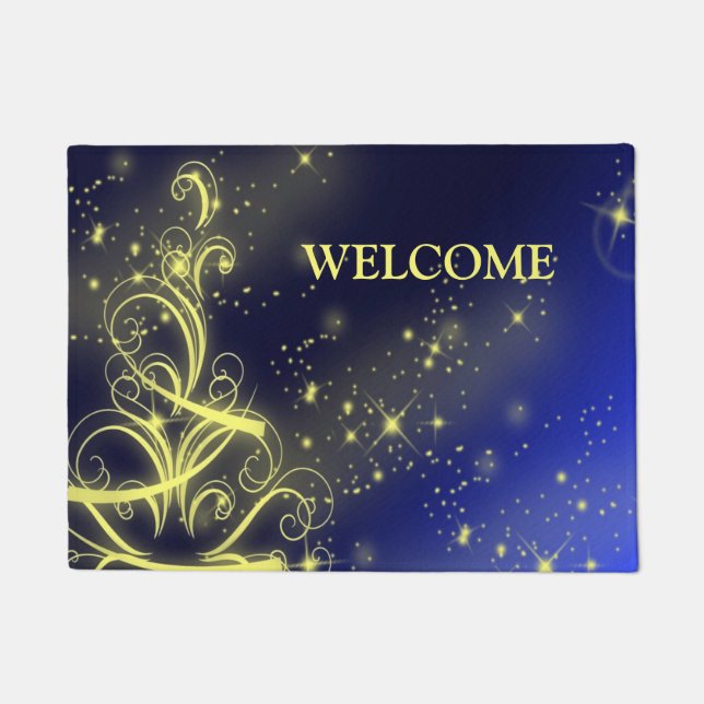 Christmas Tree Party Gold Stars Navy Blue Holidays Doormat (Front)