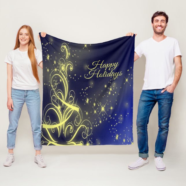 Christmas Tree Party Gold Stars Navy Blue Holidays Fleece Blanket (In Situ)