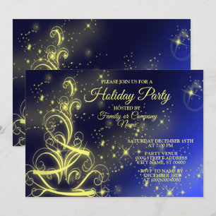 Christmas Tree Party Gold Stars Navy Blue Holidays Invitation