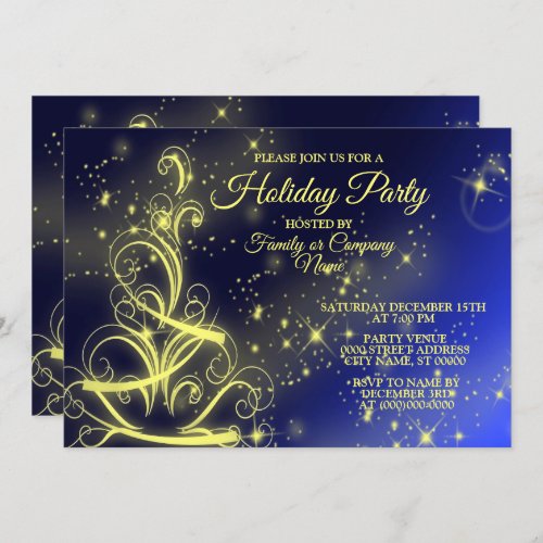 Christmas Tree Party Gold Stars Navy Blue Holidays Invitation