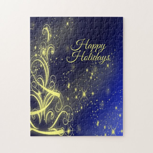 Christmas Tree Party Gold Stars Navy Blue Holidays Jigsaw Puzzle (Vertical)