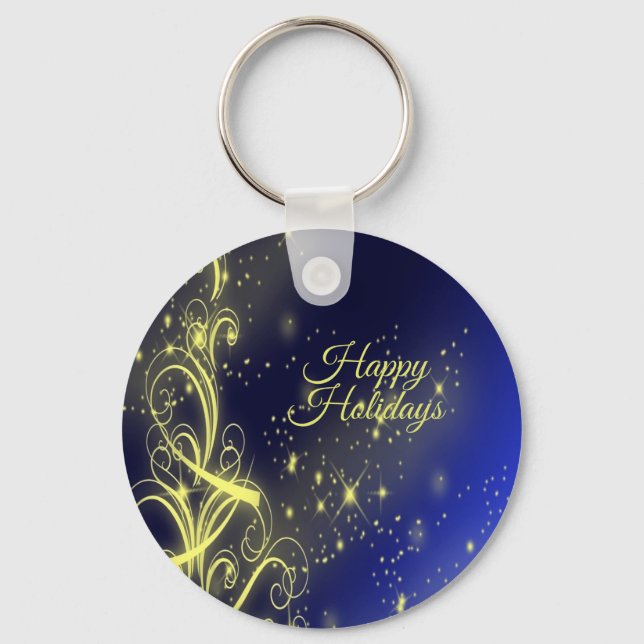 Christmas Tree Party Gold Stars Navy Blue Holidays Keychain (Front)