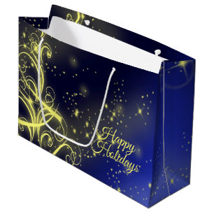 Christmas Tree Party Gold Stars Navy Blue Holidays Large Gift Bag
