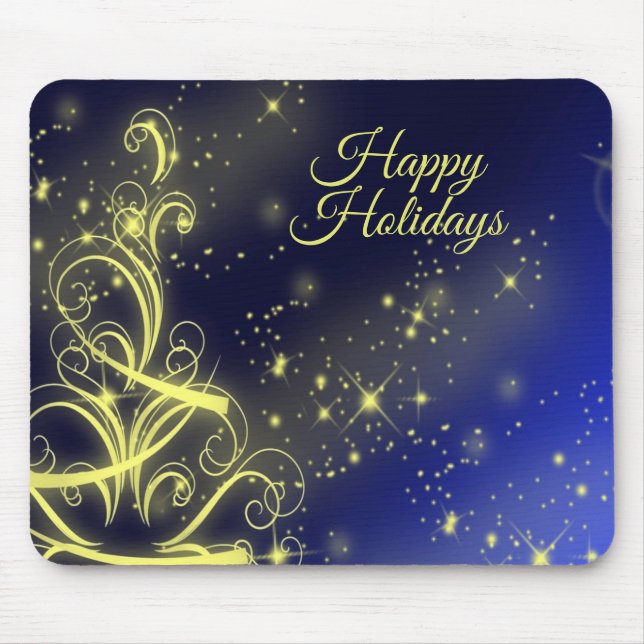 Christmas Tree Party Gold Stars Navy Blue Holidays Mouse Pad (Front)