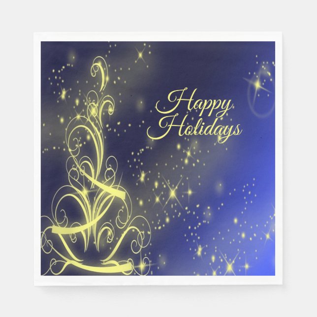 Christmas Tree Party Gold Stars Navy Blue Holidays Napkins (Front)