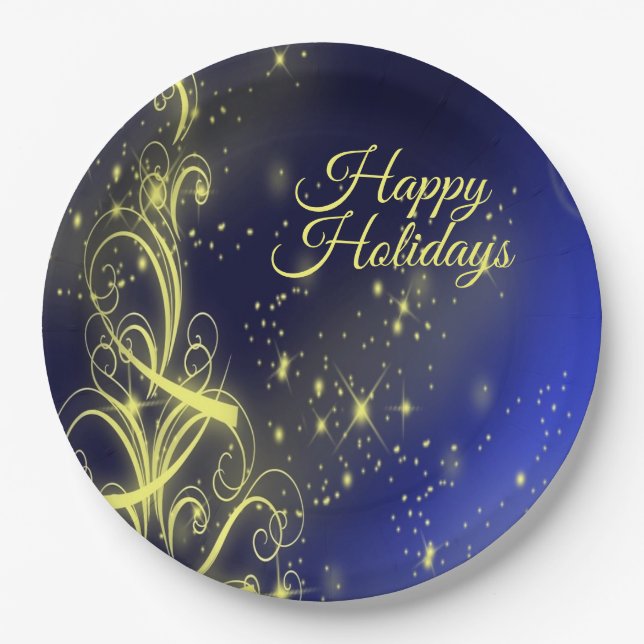 Christmas Tree Party Gold Stars Navy Blue Holidays Paper Plates (Front)