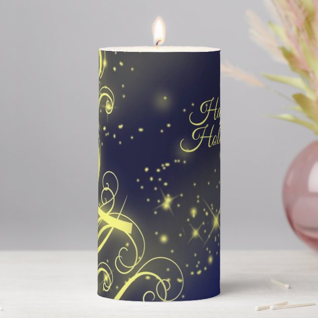 Christmas Tree Party Gold Stars Navy Blue Holidays Pillar Candle (In Situ)
