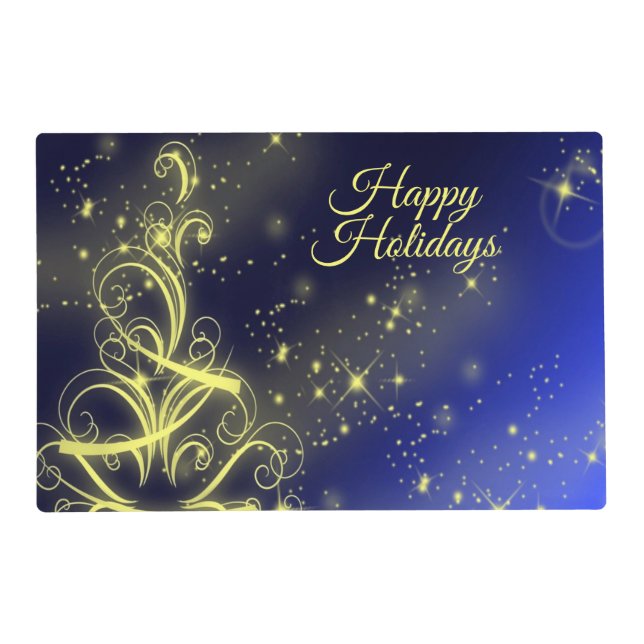 Christmas Tree Party Gold Stars Navy Blue Holidays Placemat (Front)