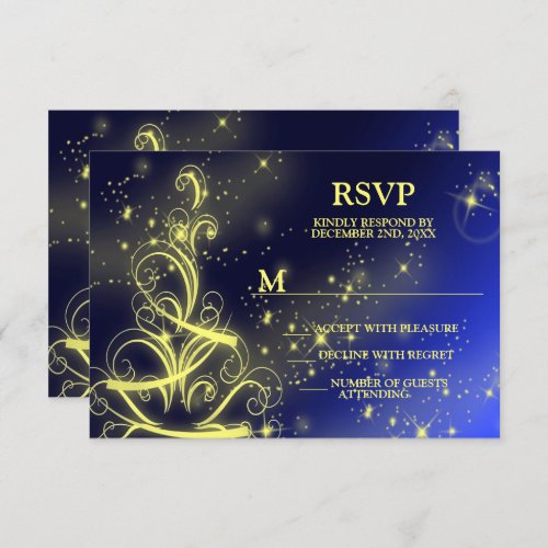 Christmas Tree Party Gold Stars Navy Blue Holidays RSVP Card