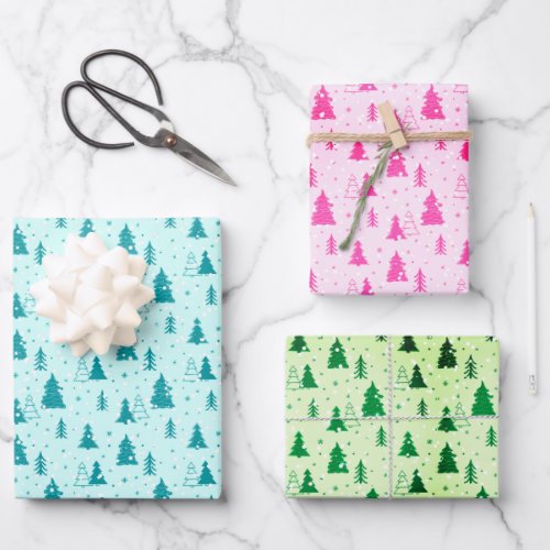 Christmas Tree Pastel Baby Blue Pink Green elegant Wrapping Paper Sheets