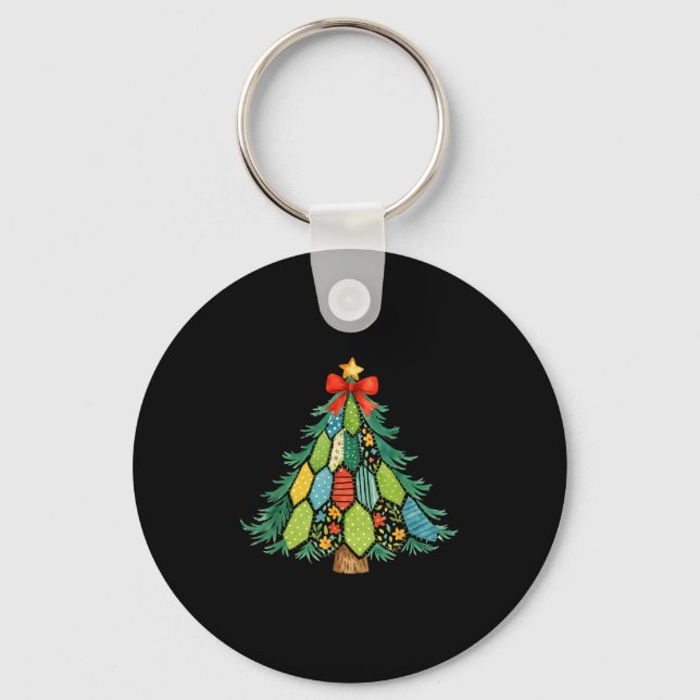 Christmas Tree Patchwork Coquette Bow Xmas Holiday Keychain (Front)