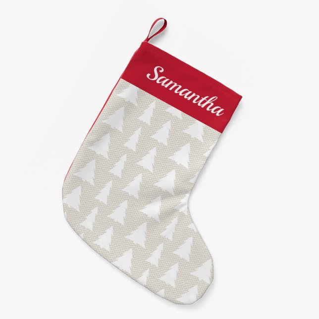 Christmas Tree Pattern Beige Custom Name One Sided Small Christmas Stocking (Front (Hanging))
