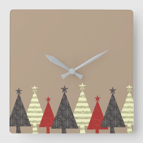 Christmas Tree Pattern Black and Red Square Wall Clock