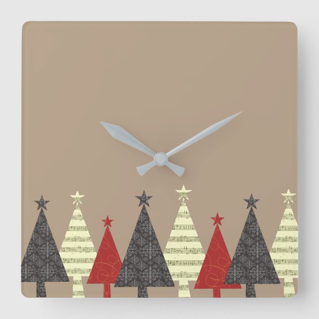 Christmas Tree Pattern Black and Red Square Wall Clock (Front)
