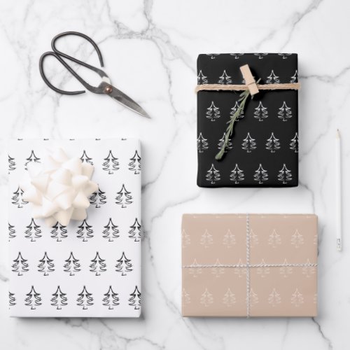 Christmas Tree Pattern Black And White Blush Green Wrapping Paper Sheets