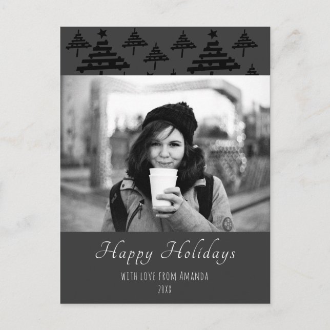 Christmas Tree Pattern Black and White Photo  Holiday Postcard (Front)