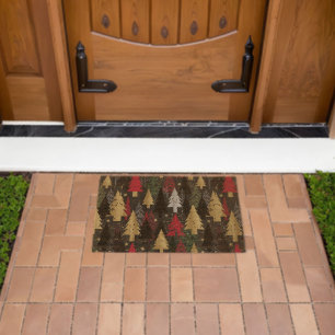 Christmas Tree Pattern Black Red Gold Fiber Doormat