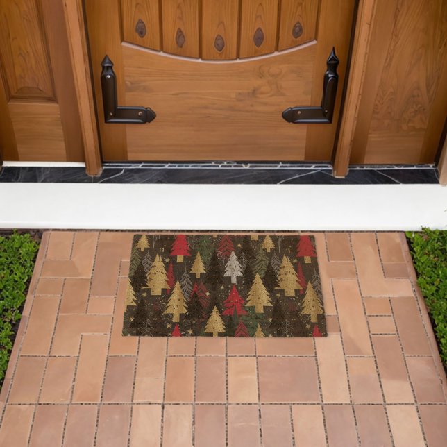 Christmas Tree Pattern Black Red Gold Fiber Doormat (Insitu (Outdoor))