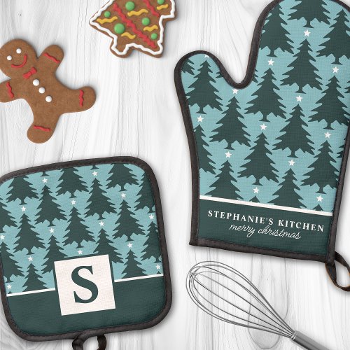 Christmas Tree Pattern Blue Green Monogrammed Oven Mitt &Amp;Amp; Pot Holder Set