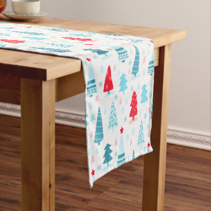 Christmas Tree Pattern Blue Red White Nordic Short Table Runner