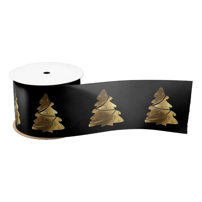 Christmas Tree Pattern Elegant Black and Gold Satin Ribbon (Spool)