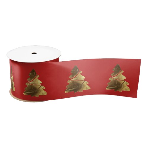Christmas Tree Pattern Elegant Gold and Red Satin Ribbon