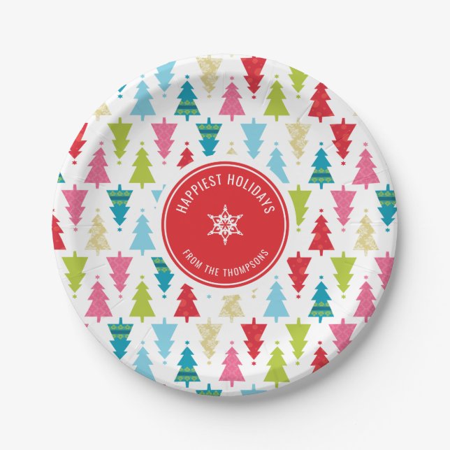 CHRISTMAS TREE PATTERN festive modern minimal red Paper Plates (Front)
